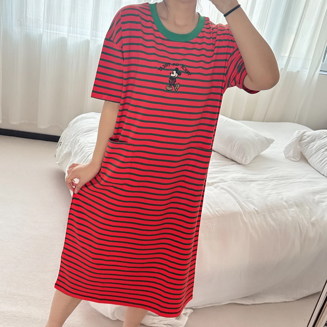 短袖夏季时尚条纹圆领显瘦女士睡裙舒适中长款休闲裙