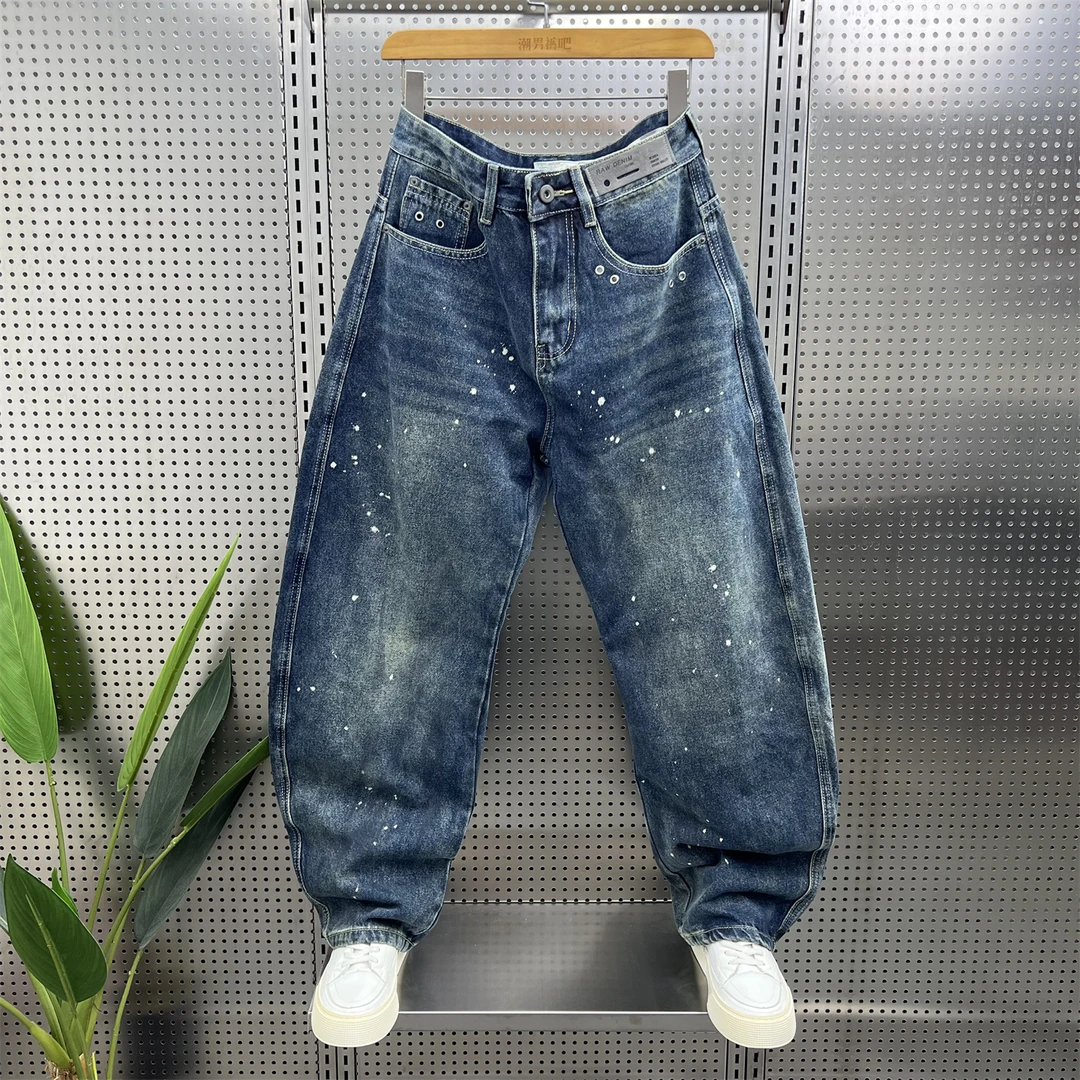 潮流个性甩漆蓝色牛仔裤男士秋季新款青年潮流痞帅宽松阔腿弯刀裤