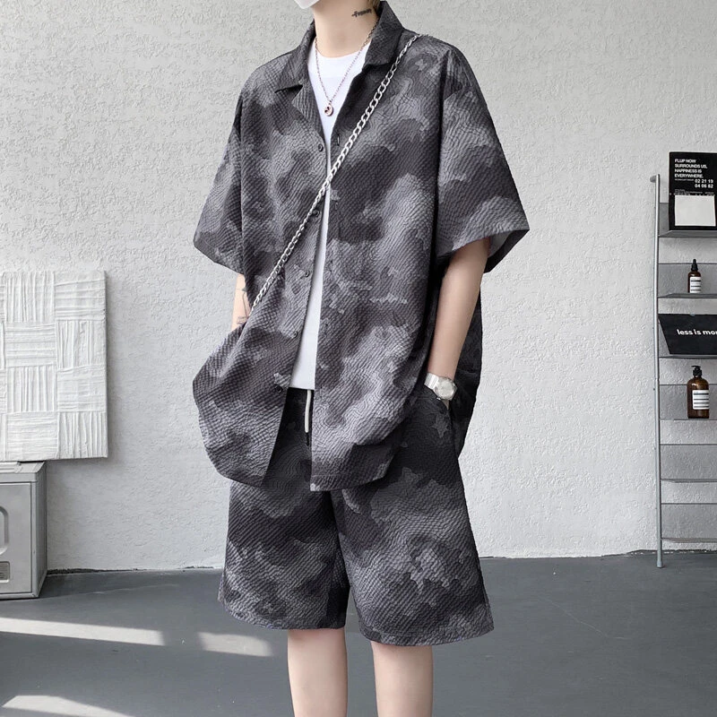 隐匿者2025夏季新款速干泡泡格衬衫套装男港风百搭薄款帅气套装男