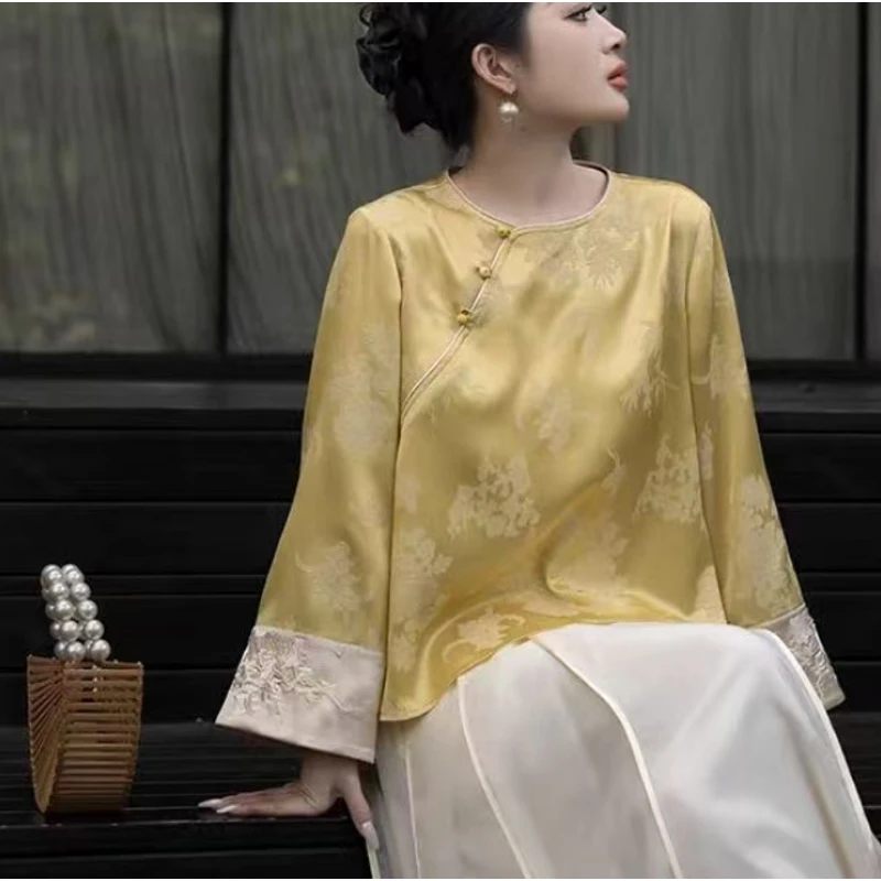 【秋漓】新款新中式提花圆领斜襟长袖衬衫女时尚百搭刺绣上衣543