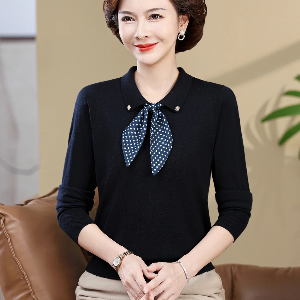 妈妈秋装长袖T恤60岁中年女士毛衣春秋打底衫中老年翻领薄针织衫