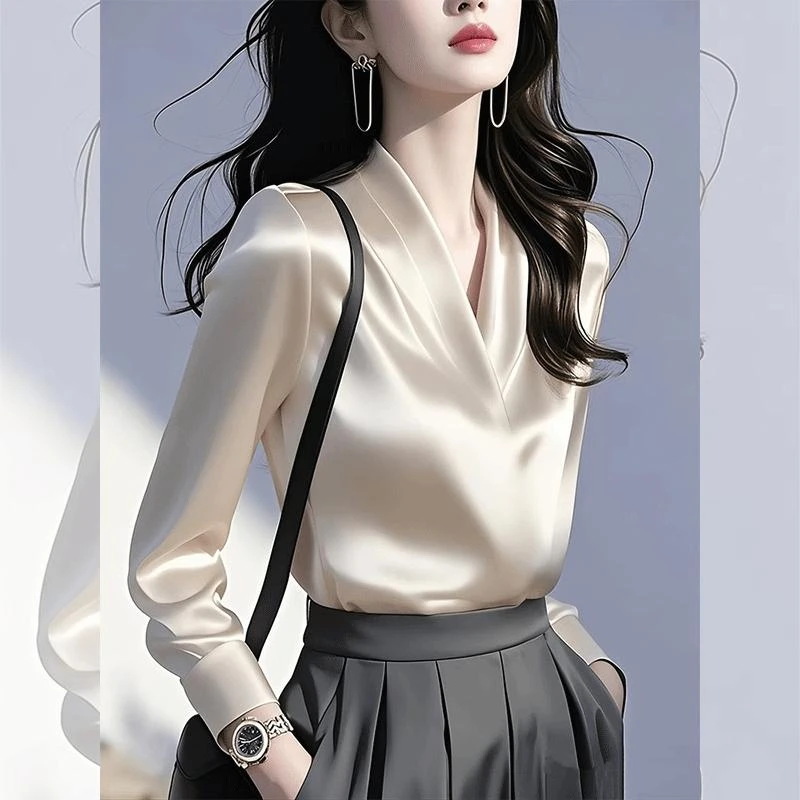 爆款法式轻奢气质感缎面衬衫女2025春季新款荡领衬衣小众设计显瘦