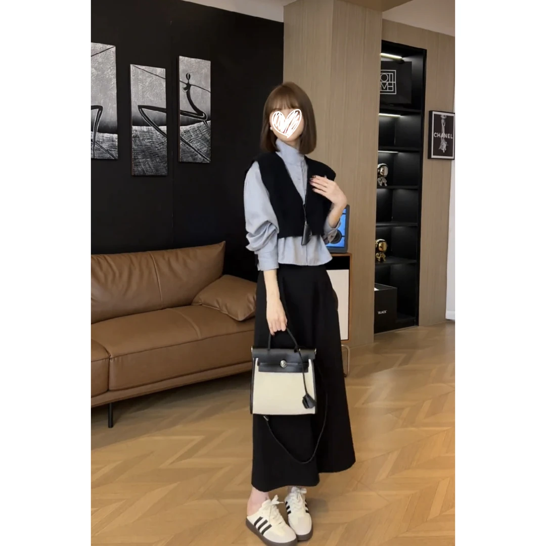 一整套韩系早春穿搭时尚减龄叠穿针织马甲条纹衬衫半身裙三件套女