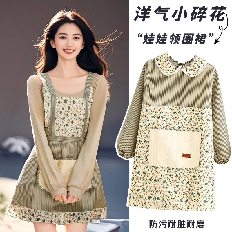 2025时尚帆布长袖围裙家用厨房做饭罩衣韩版工作服防污耐磨围腰女