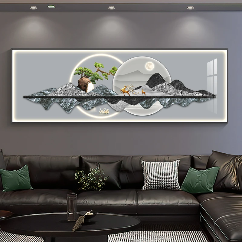 轻奢客厅装饰画现代简约沙发背景墙挂画办公室山水风景氛围灯壁画