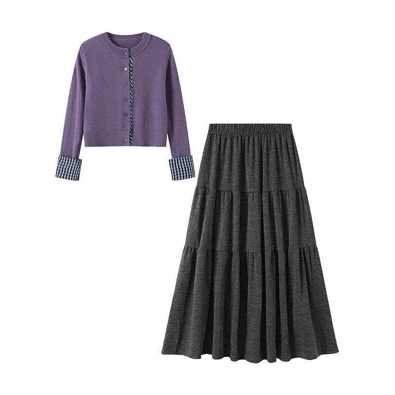 秋冬穿搭一整套女新款设计感针织开衫拼接半身长裙子两件套装2715
