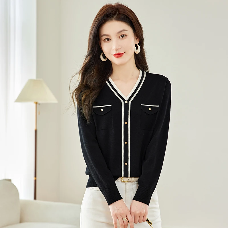 哥弟阿玛施正桑蚕丝V领长袖T恤女早秋新款小香风薄上衣针织打底衫