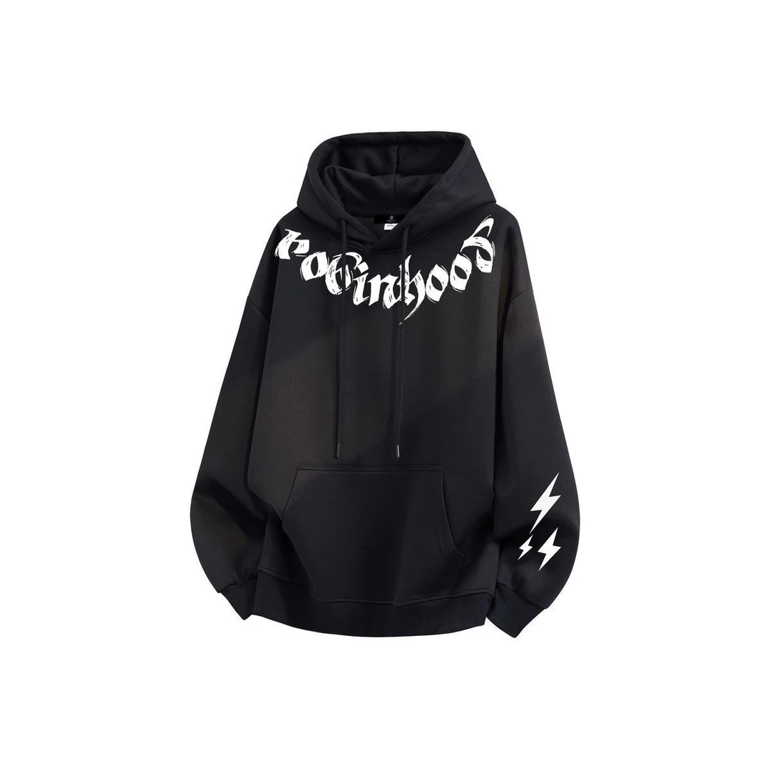 新款重磅百搭宽男女春秋潮流闪电字母印花连帽卫衣美式高街潮牌