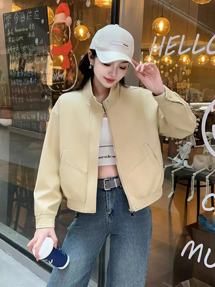 长袖短款薄款宽松型皮衣ol女装