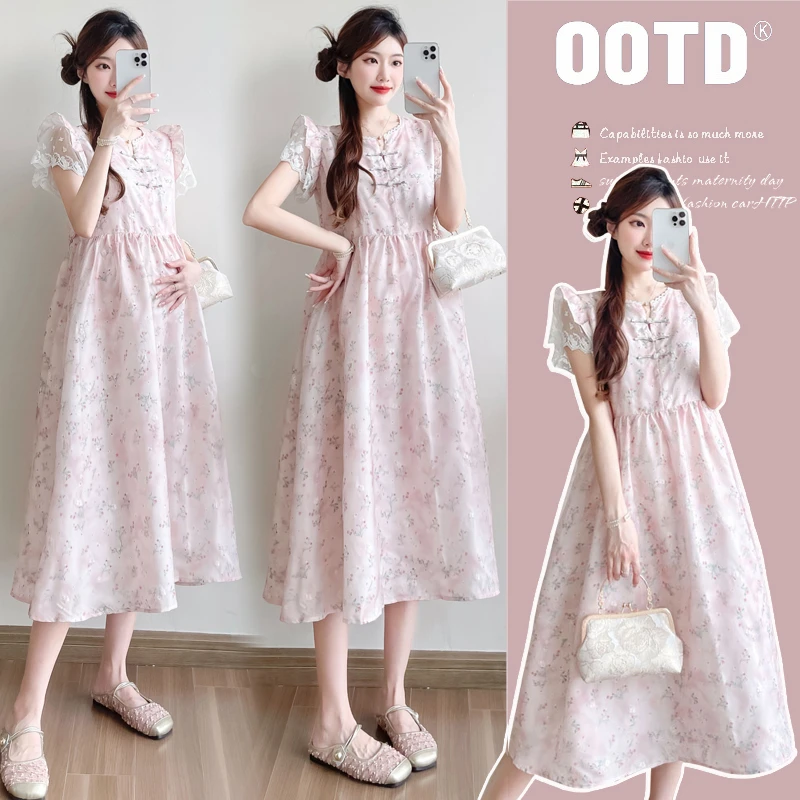 夏新款新中式国风复古印花蕾丝大码孕妇连衣裙孕妇裙孕妇装中长款