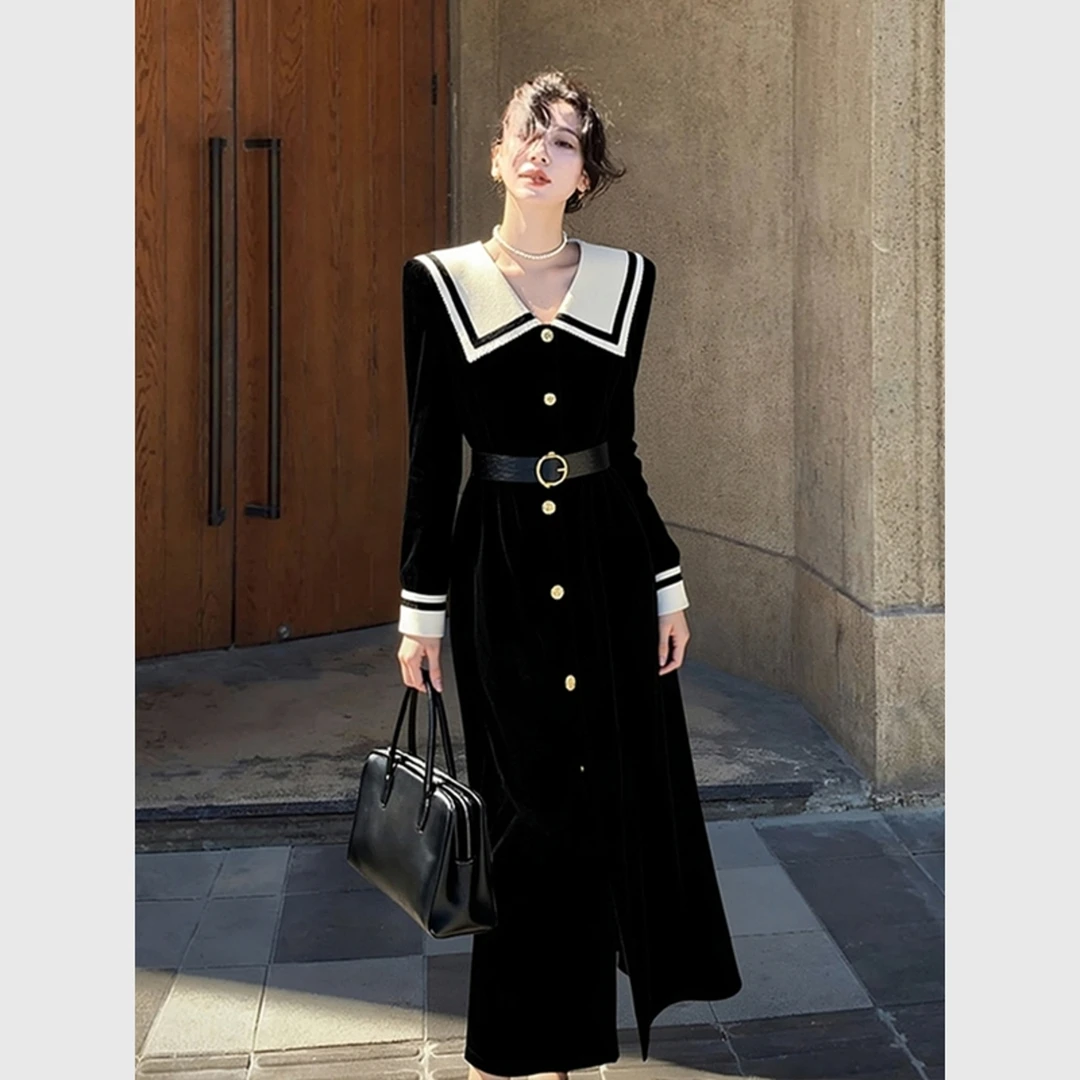 出席重要场合的裙子高端精致气质法式宴会黑色撞色丝绒连衣裙秋冬