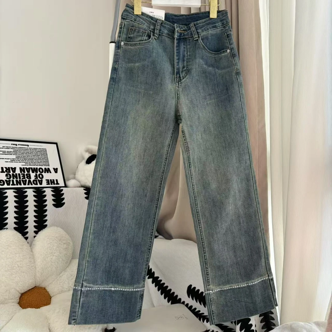 2813复古时尚高腰高腰牛仔直筒裤女春季韩版设计感小个子阔腿裤