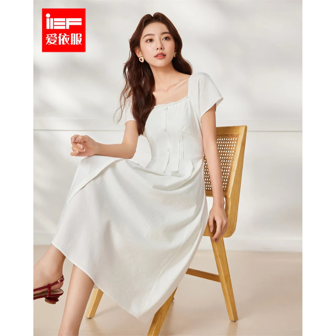 IEF/爱依服2025新款夏季梭织连衣中裙小黑裙黑色复古收腰流光风