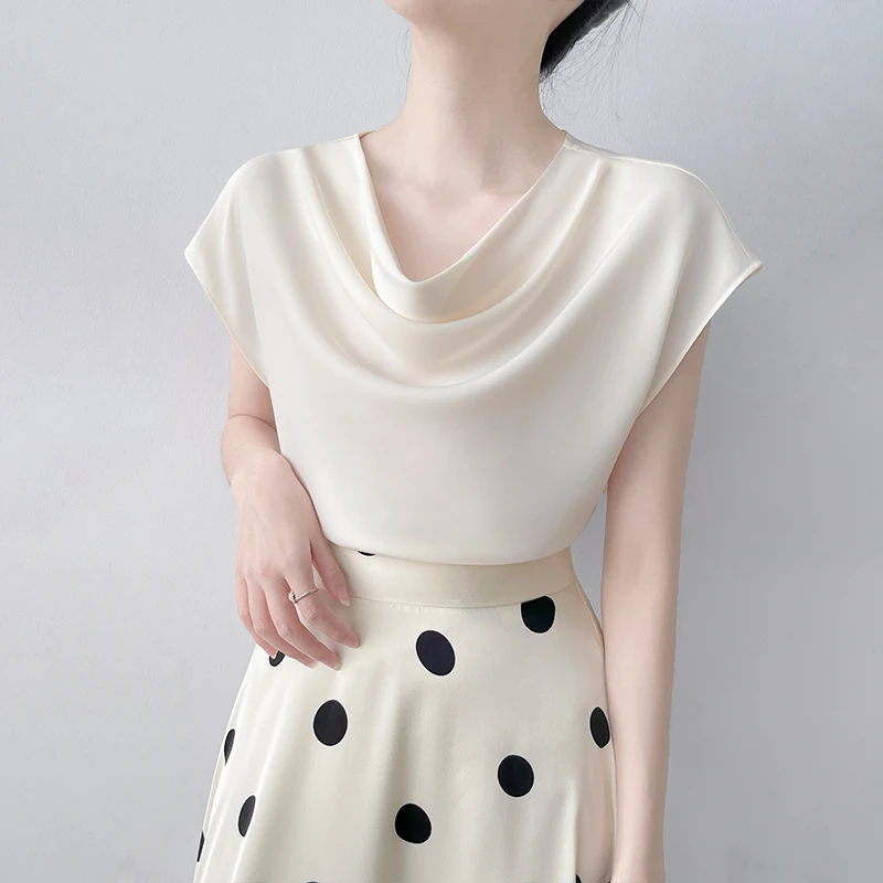 Q632法式优雅设计感荡领短袖缎面衬衫女夏季新款气质显瘦百搭上衣