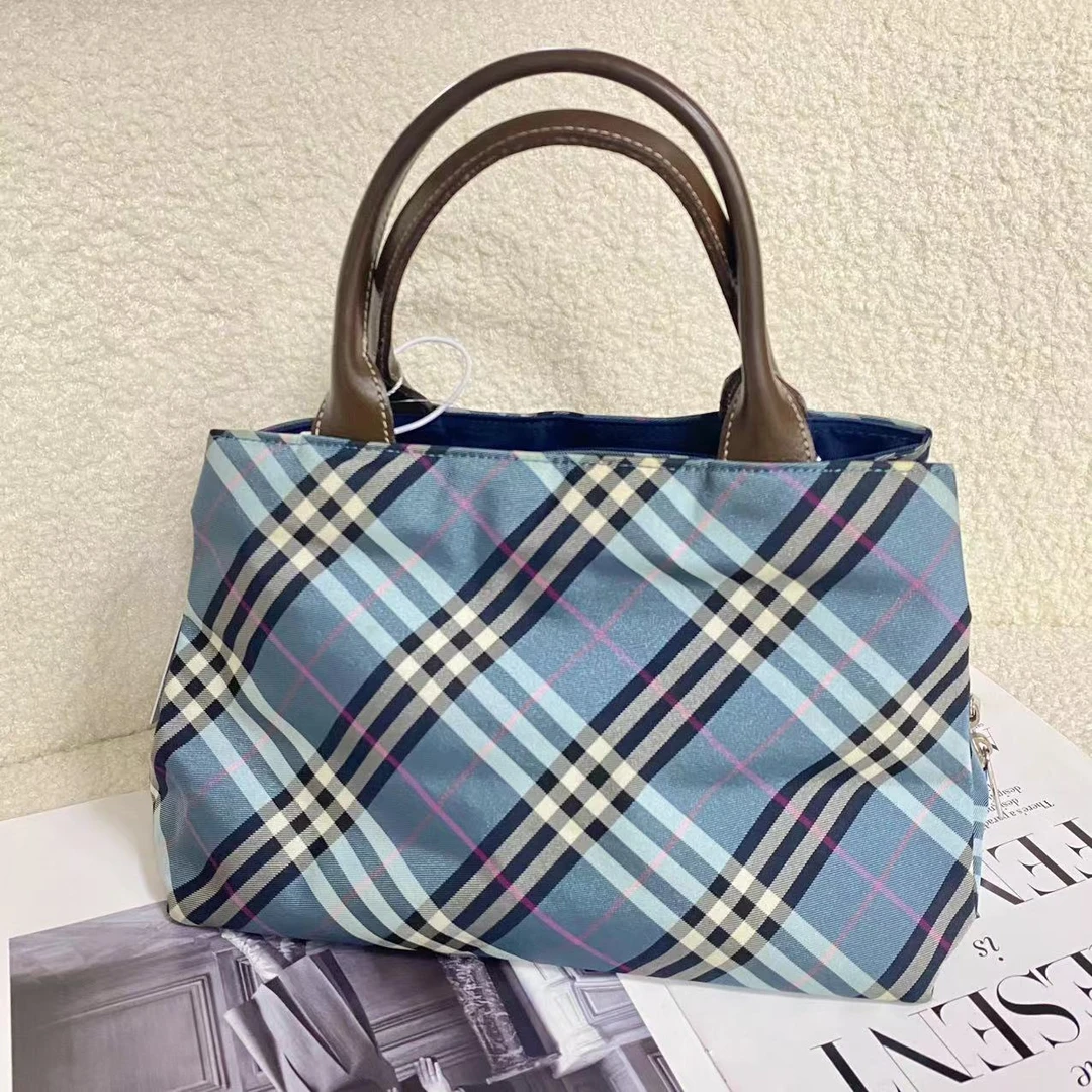 95新 BURBERRY/博柏利 XM/蓝黑白格纹饭盒手提包/THZG02619051