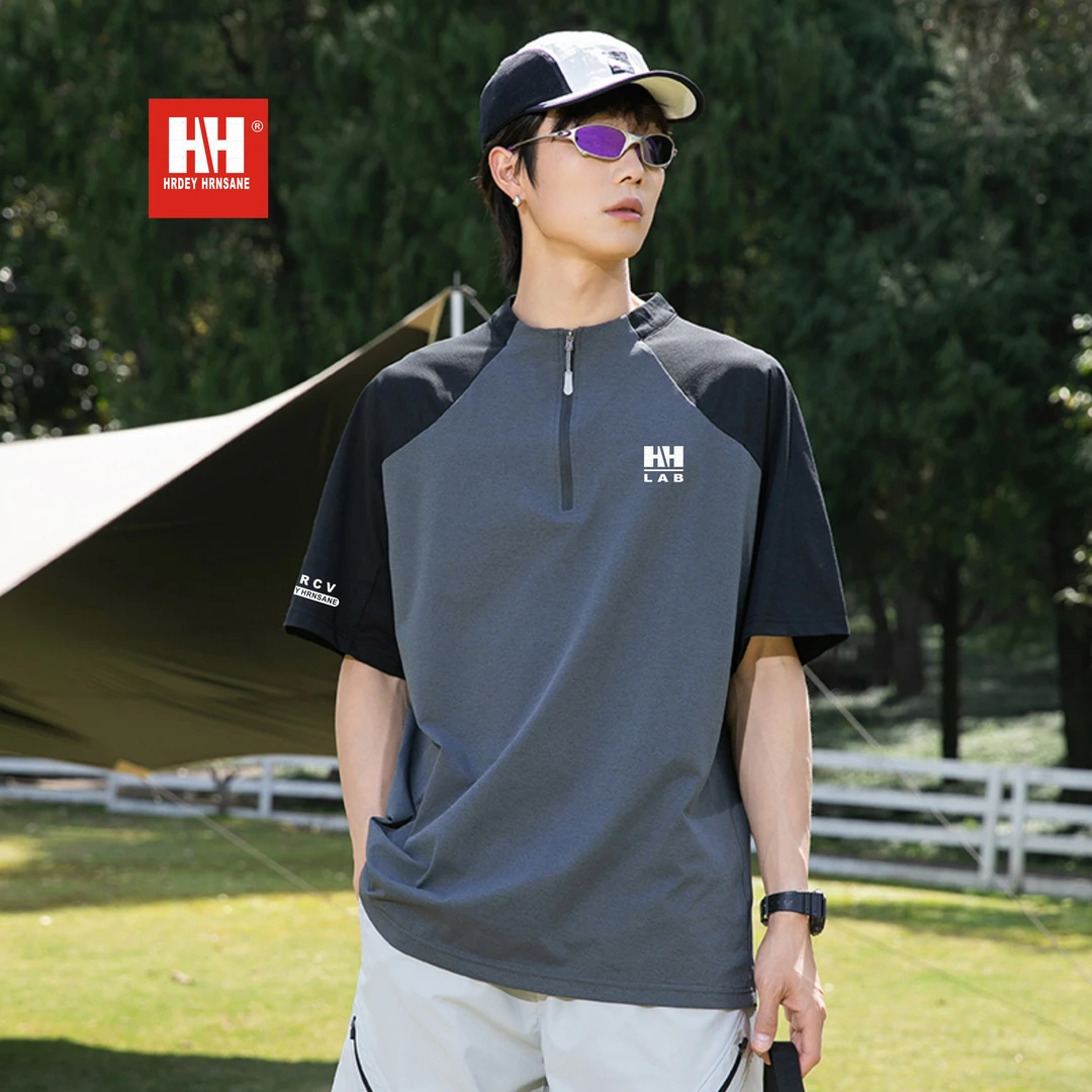 正品HH挪威航海半拉链拼接短袖T恤夏男女透气宽松运动防紫外线