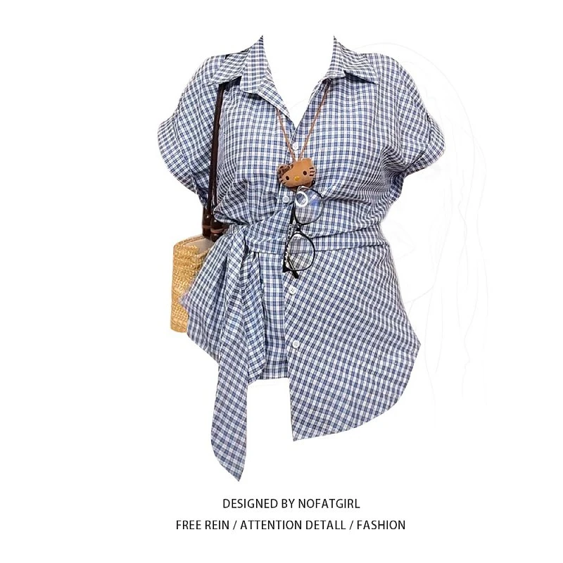 大码胖MM复古贴钻翻领短袖格子衬衫女气质收腰2025夏季修身上衣