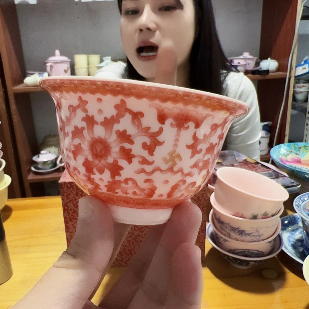 摆件瓷景德镇陶瓷红xixi红缠枝莲压手杯