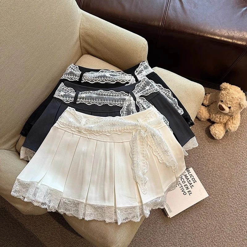 夏季新款独特蕾丝花边半身裙女甜辣妹高腰系带百褶裙韩系jk短裙子