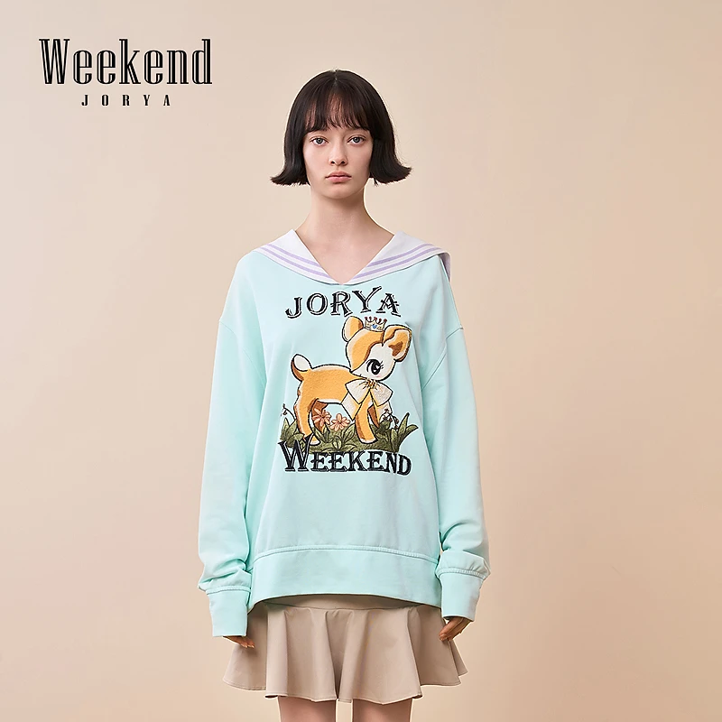 【贤哥专属】卓雅周末春小鹿撞色条纹海军领卫衣EJWDAF05