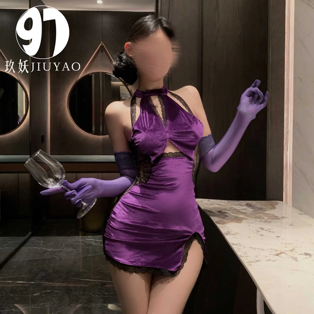 纯欲性感紫色迷人旗袍睡衣套装气质设计感纯欲风