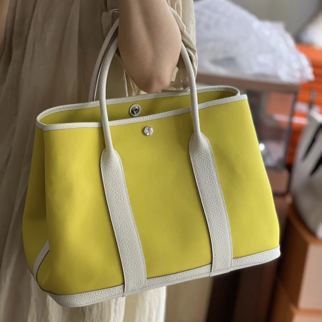 99新 Hermes/爱马仕 【老于】花园36柠檬黄拼白色银扣帆布y手提包