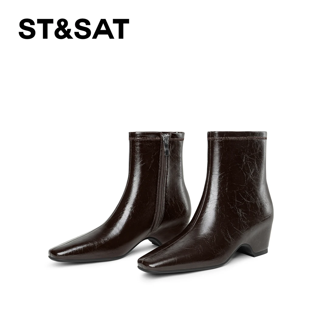 St&Sat/星期六黑色时尚秋冬时装靴气质粗跟女鞋方头百搭靴子