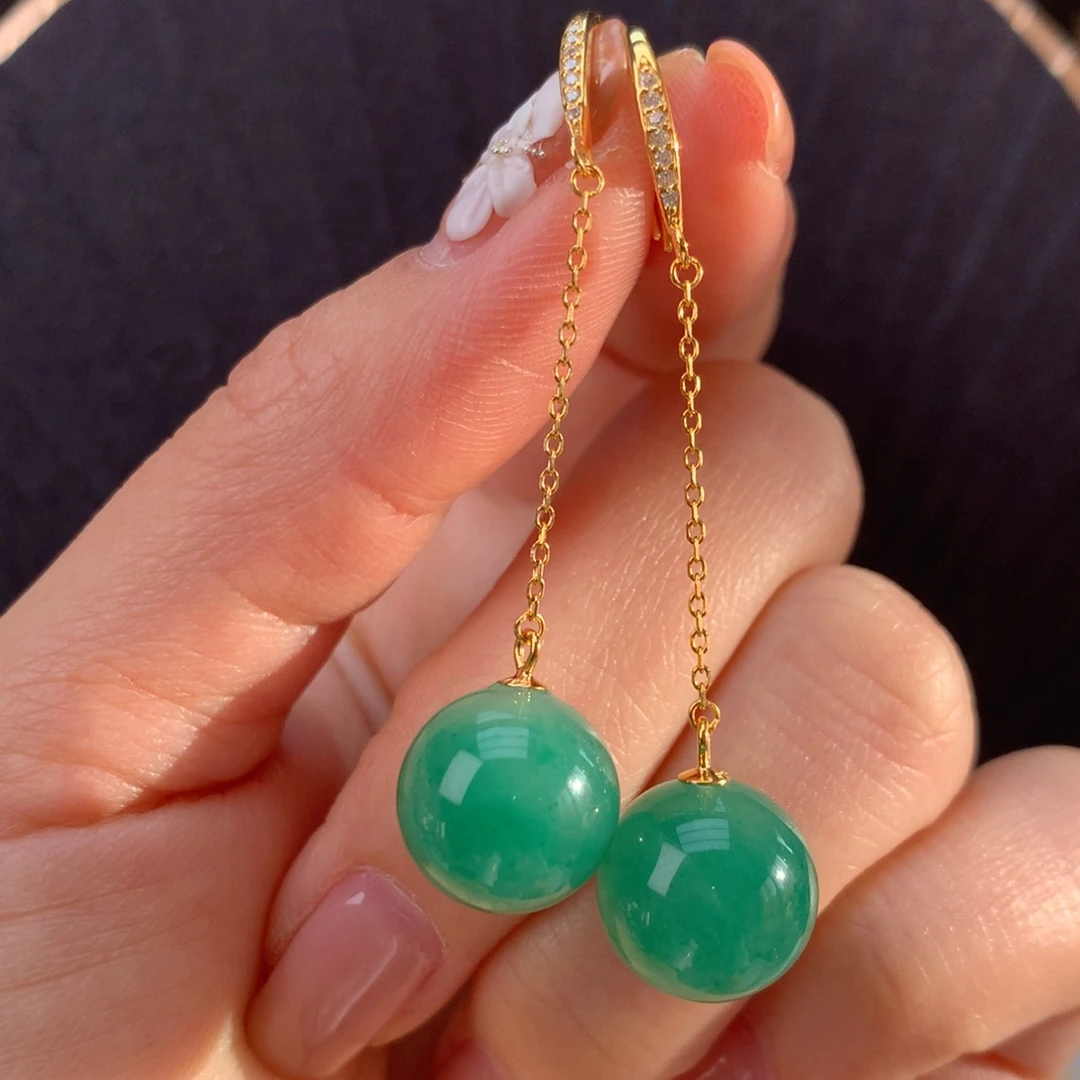 石英质玉（非洲翠）银S925镀金镶嵌冰飘花精品耳饰