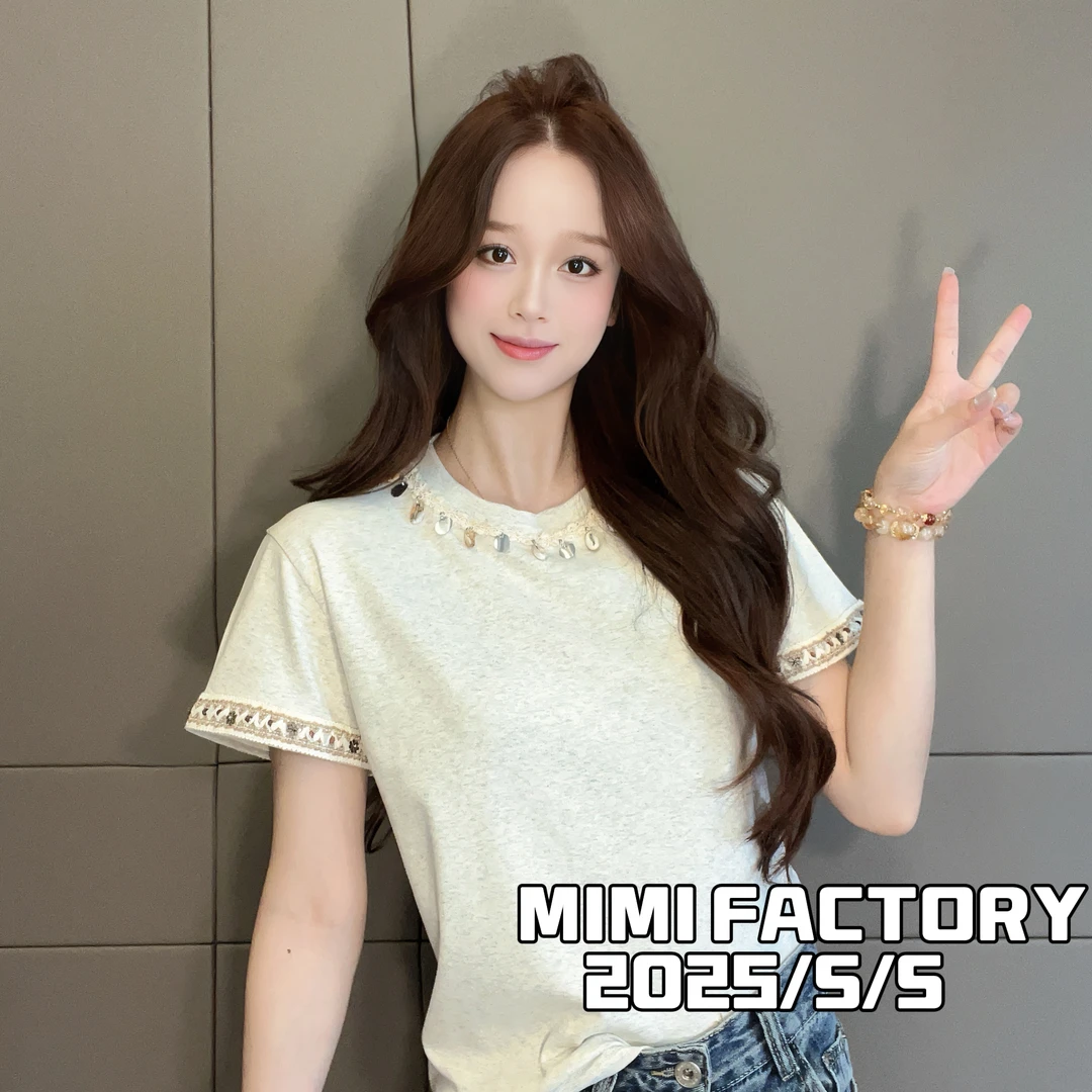 2025新款T恤女 波西米亚度假风重工贝壳设计短袖T恤女3375#