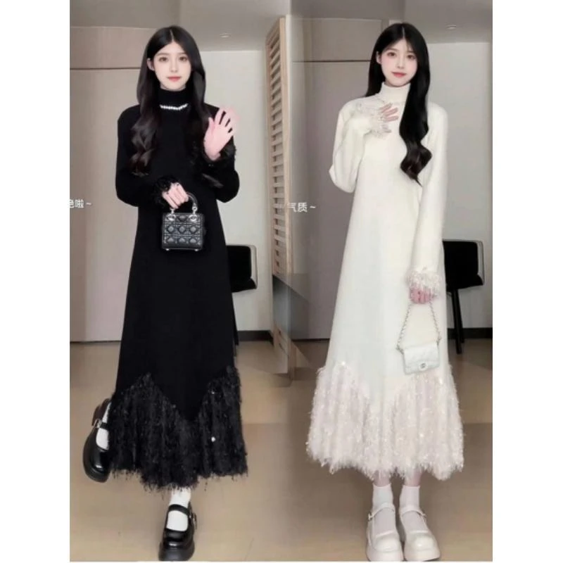 法式富家千金流苏连衣裙女冬季新款新年战袍加绒半高领亮片长裙子