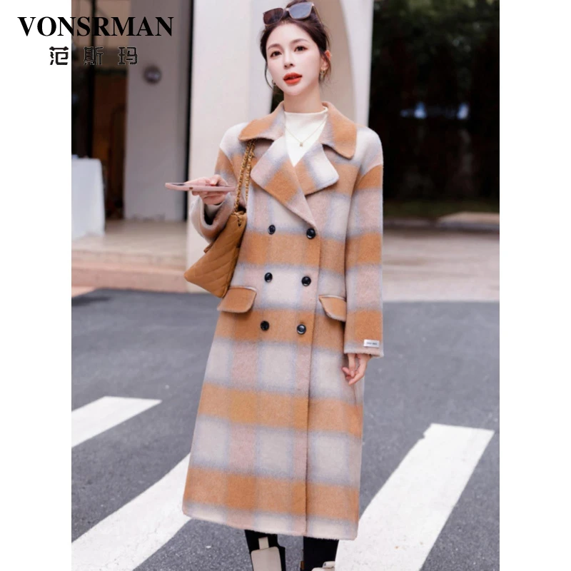 高端格子长毛双面大衣女2025秋冬新款韩版显瘦中长款毛呢外套气质