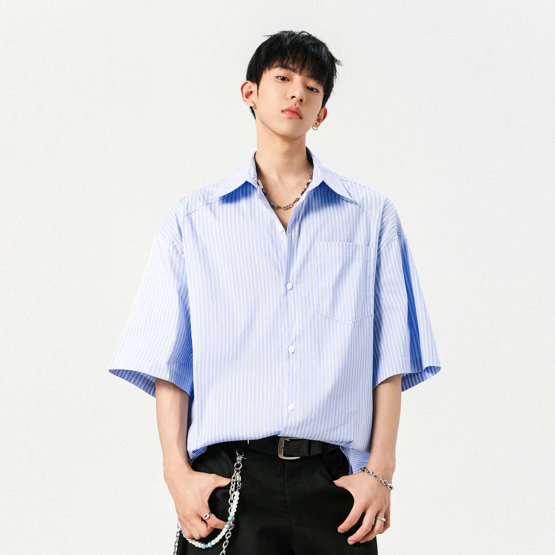 美式蓝色条纹短袖衬衫男生夏季2025新款潮牌宽松百搭休闲衬衣外套