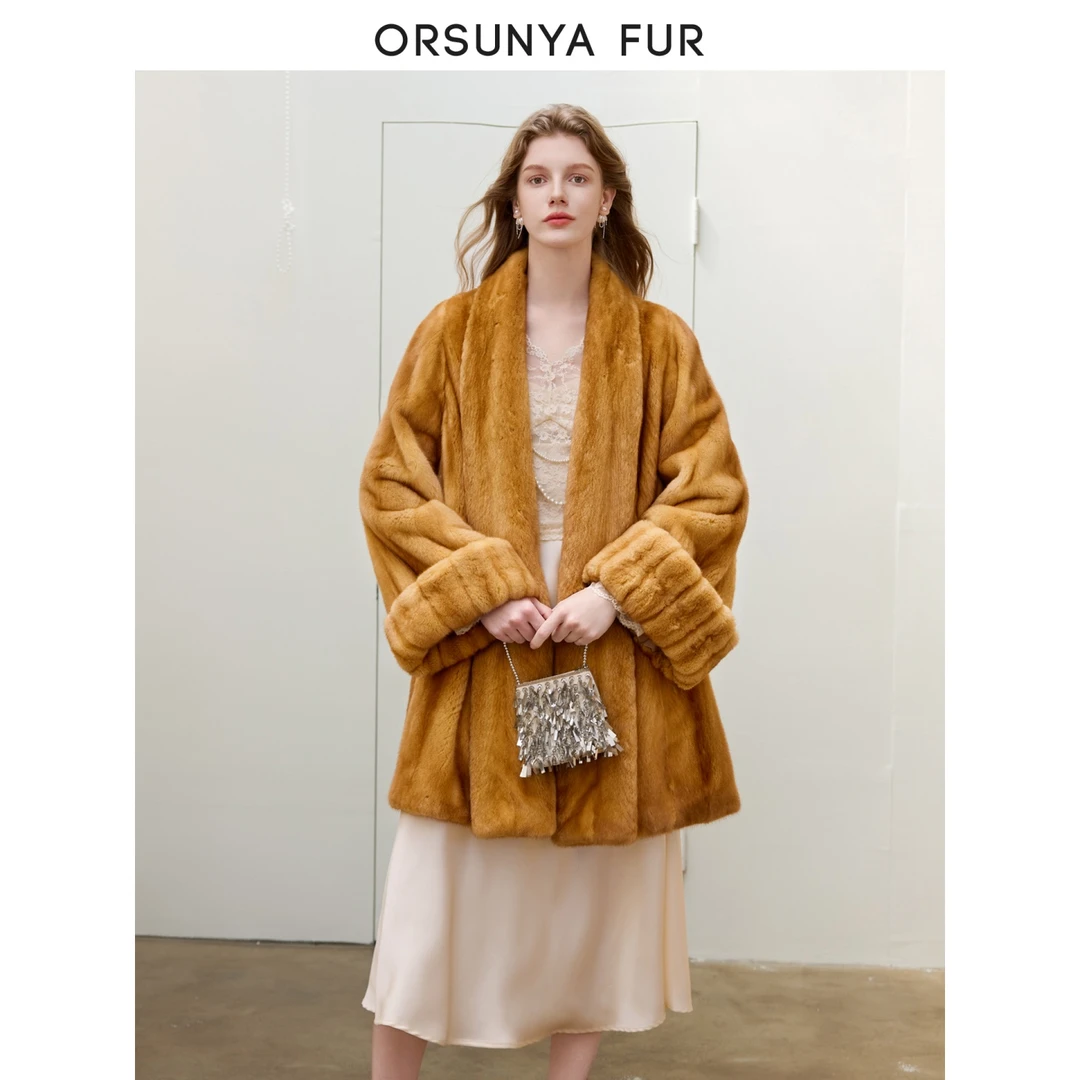 “复古美学”进口天鹅绒水貂皮草女整貂中长貂皮大衣中古风ZD71Y025