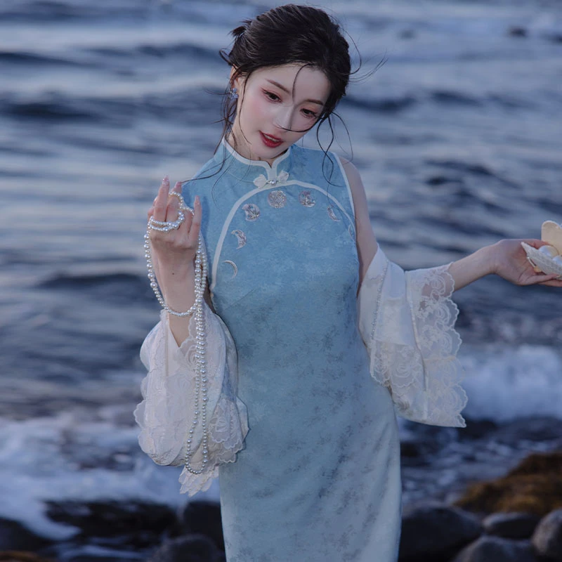 川黛时光：月相 蓝色清冷感提花暗纹修身显瘦改良无袖长款旗袍
