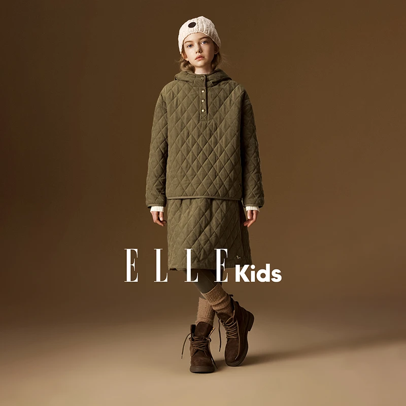 ELLE KIDS复古绗棉休闲连帽卫衣+复古全腰松紧绗格A摆半裙D2