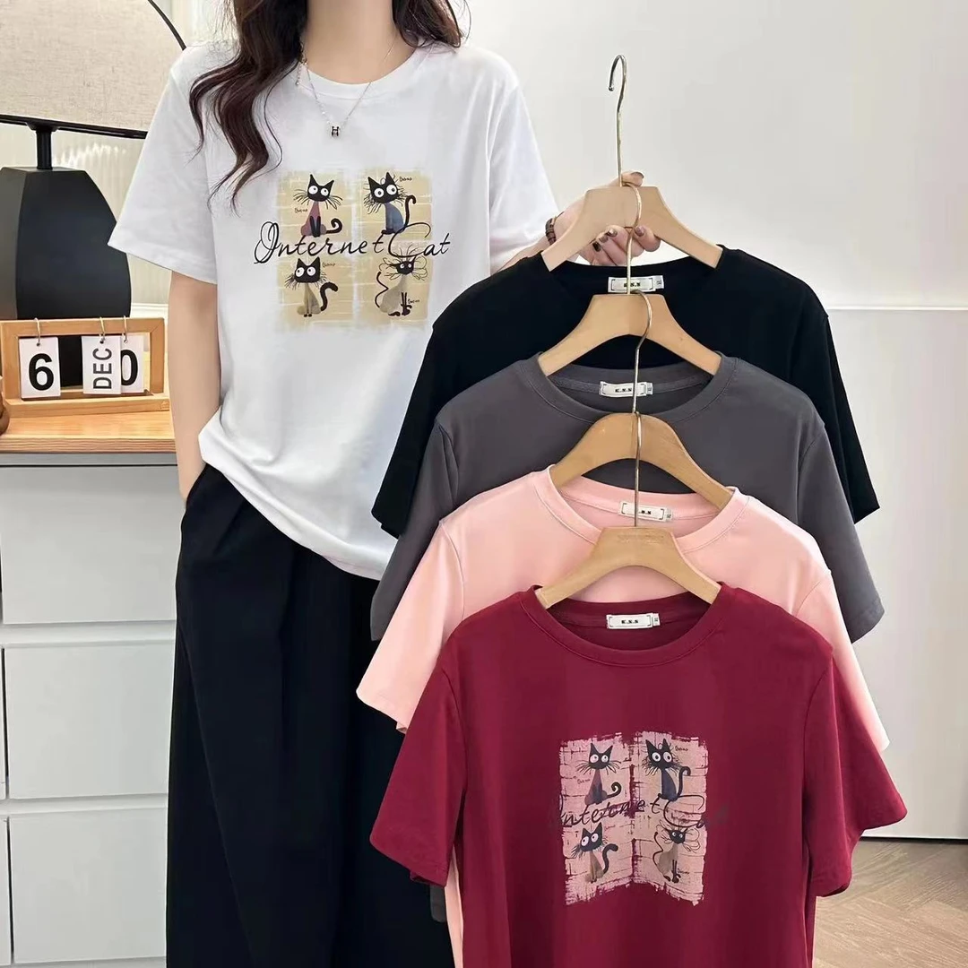 大码夏季新款休闲时尚百搭宽松遮肉卡通小猫印花T恤#2181