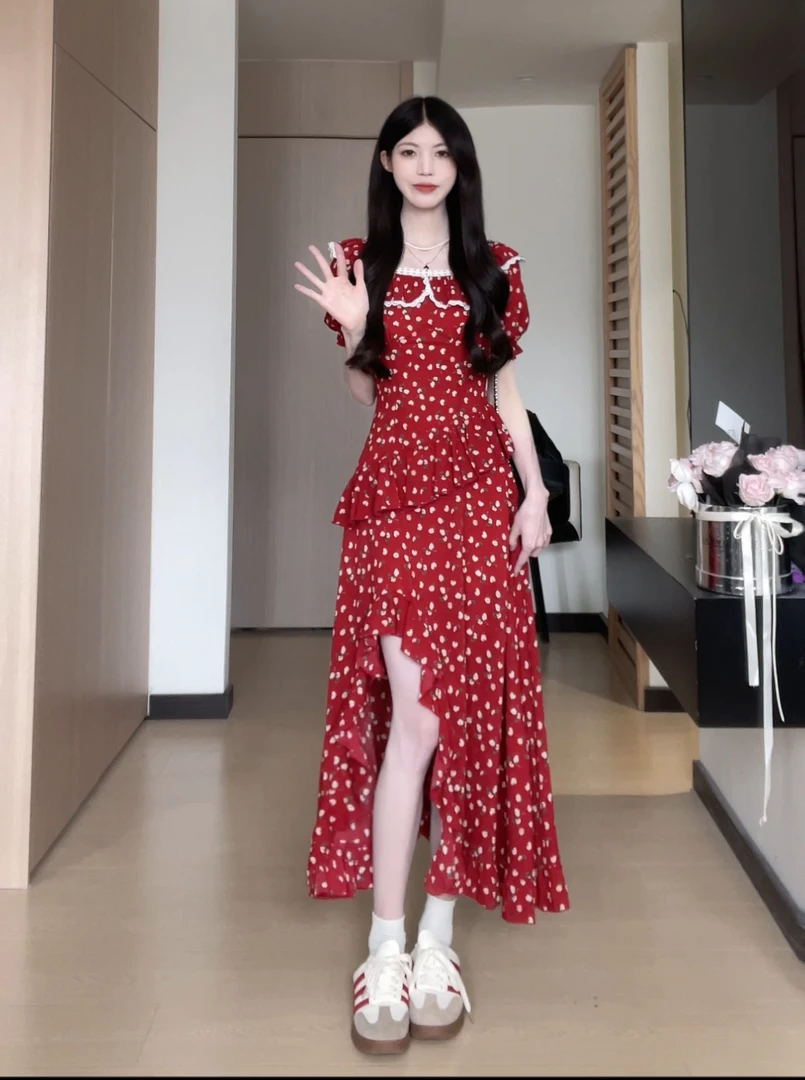 松本丧丧红色不规则荷叶碎花连衣裙减龄收腰连衣裙B251Q0383
