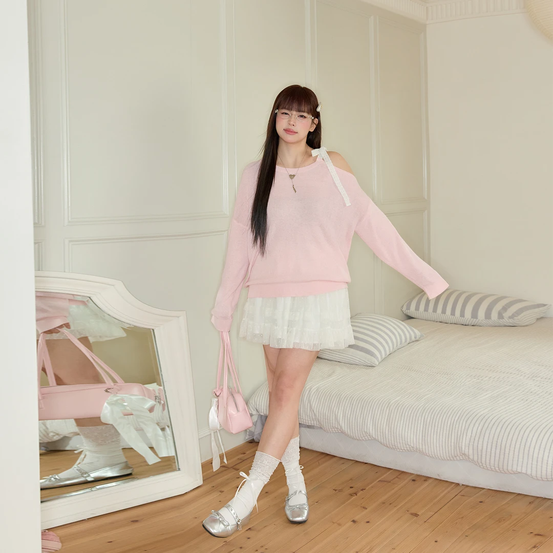 张大人【风荷凝脂】大码女装微胖妹妹甜美风露肩针织衫搭半裙套装