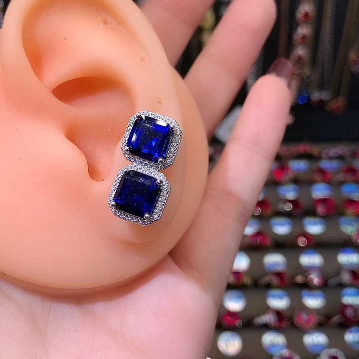 蓝宝石耳饰银S925镶嵌8