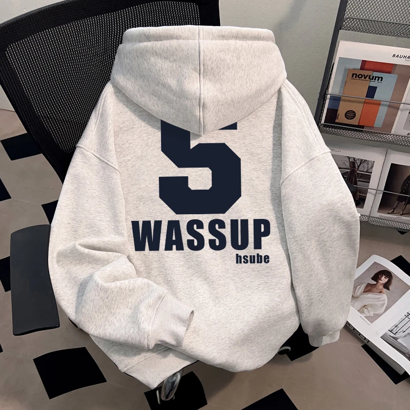 WASSUP HSUBE美式复古数字印花宽松秋冬百搭上衣男女连帽卫衣休闲