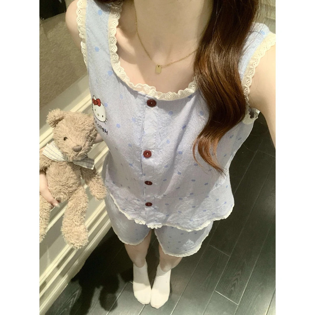 韩系少女蓝色KT猫睡衣女款云朵棉夏天蕾丝背心短裤带胸垫家居服