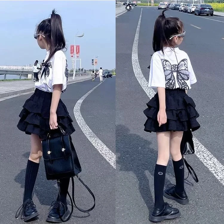 兔【亲子装】女童夏季套装2025新款蛋糕裙儿童蝴蝶结短袖T恤两件套