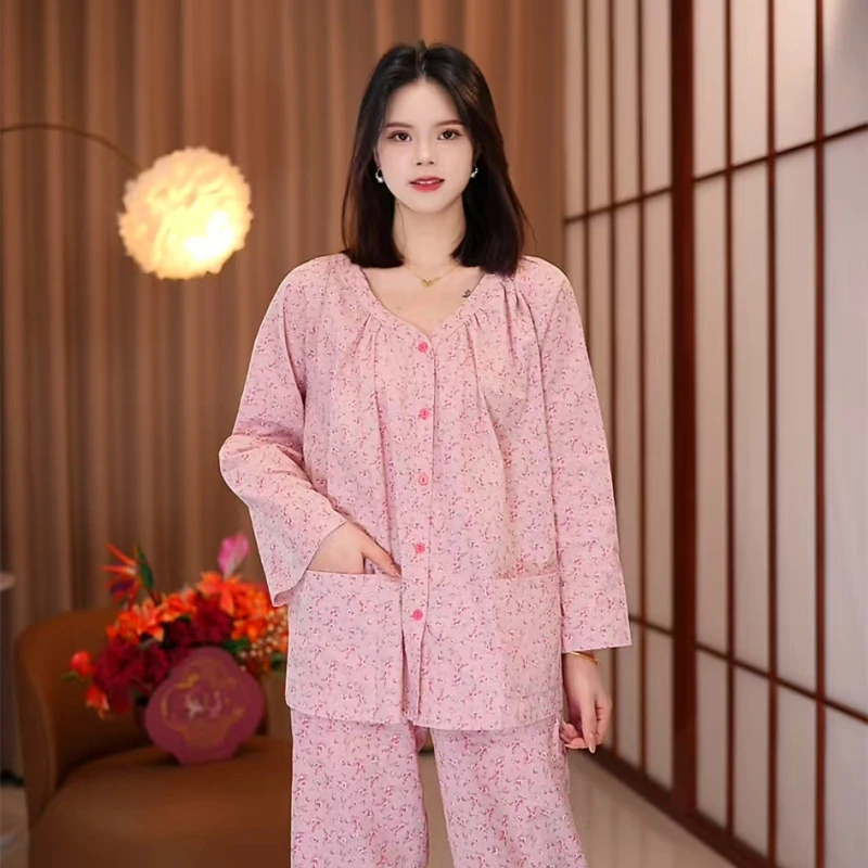 芙蓉世家【粉碎花~长袖】春夏新品纯棉100舒适家居服套装可外穿