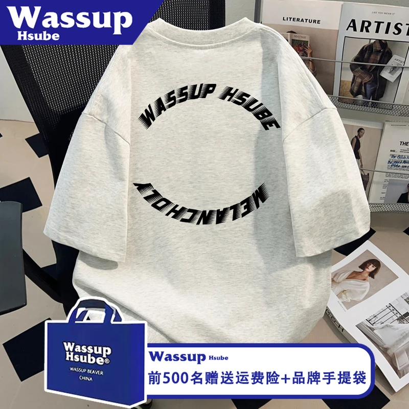 WASSUP HSUBE小众环形字母印花T恤ins夏季白灰色短袖男女纯棉上衣