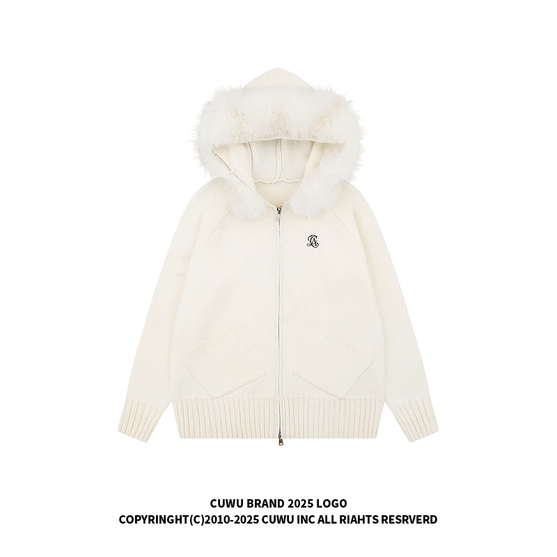 cuwu韩系慵懒风温柔毛领连帽毛衣外套女秋冬新款宽松软糯针织上衣