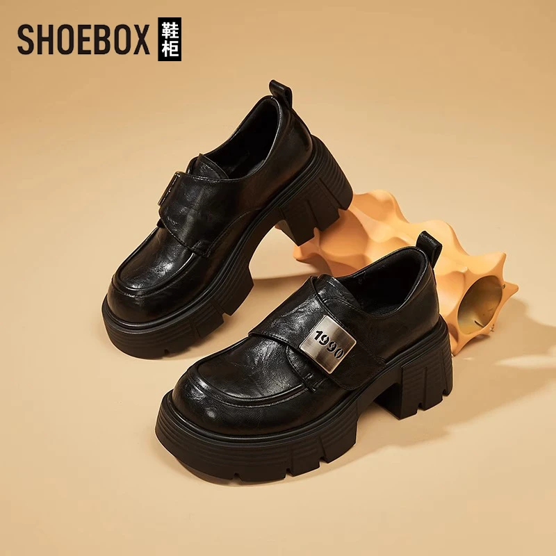 SHOEBOX鞋柜高跟乐福鞋女2025春季新款爆款黑色超软英伦风单鞋
