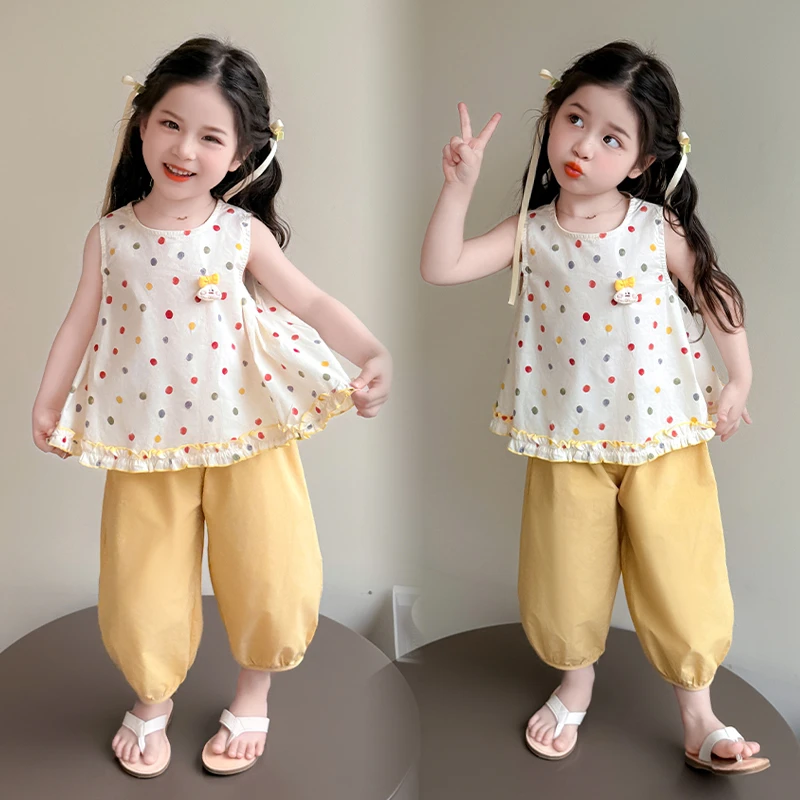 女童夏装套装2025新款儿童洋气背心圆点花边女宝宝夏季休闲两件套