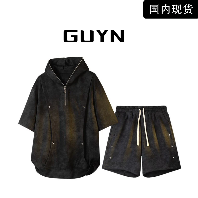 【品牌现货】GUYN夏季扎染连帽宽松休闲短袖短裤套装潮牌大码设计