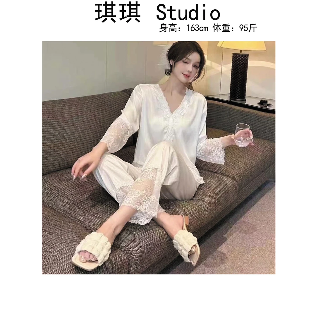 《琪琪家》夏季新款轻奢高级感拼色蕾丝甜美洋气舒适亲肤家居套装-N