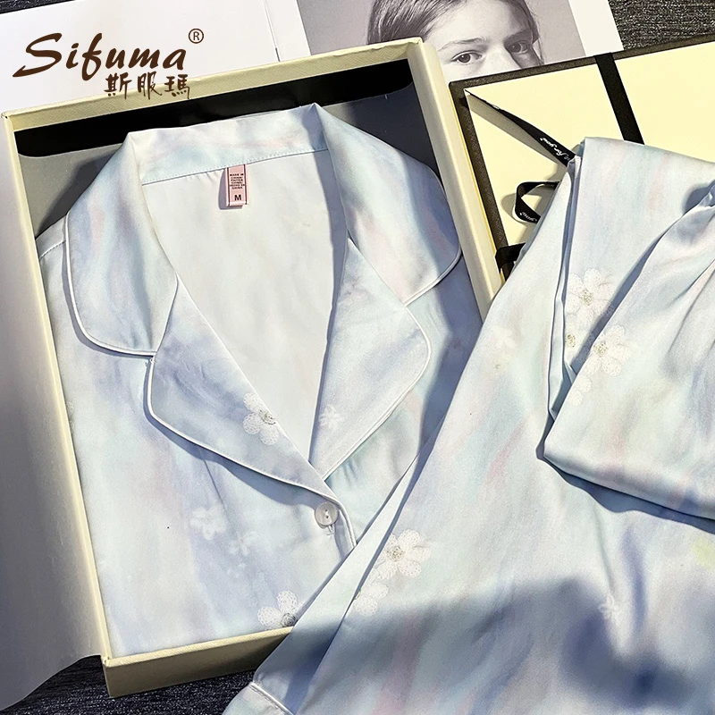 Sifuma/斯服玛《花朵》春秋丝质长袖两件套装睡衣家居服女